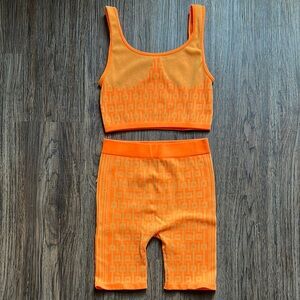 Orange Patterned Crop Top and Shorts Set